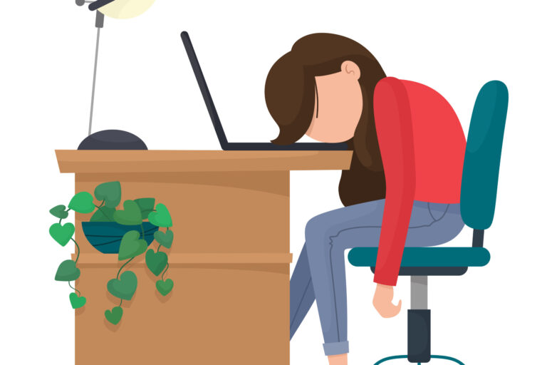 The girl worked at a laptop and fell asleep. Tired of work girl. Vector illustration.